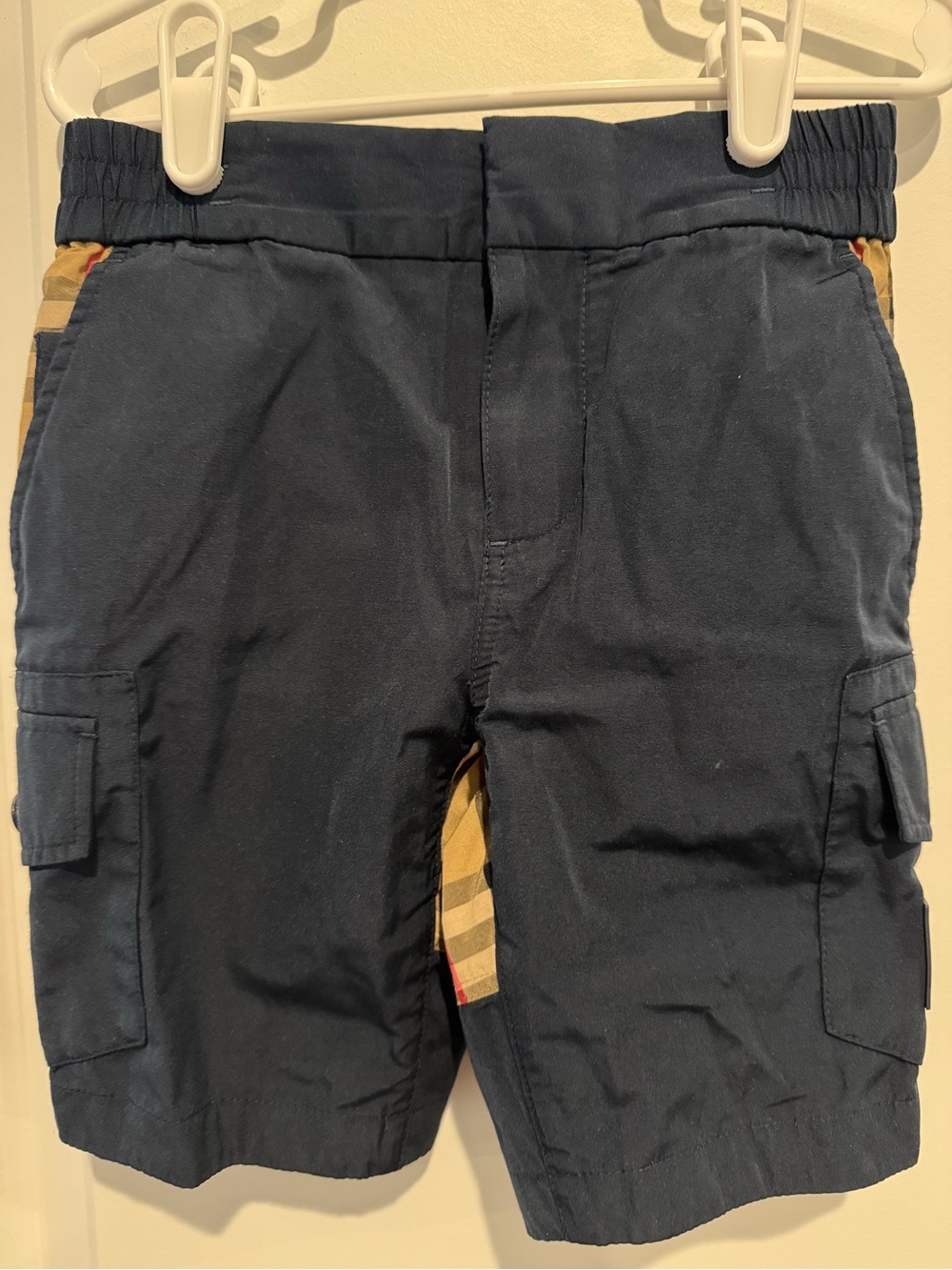 Burberry Navy Cargo Shorts with Signature Check Accents